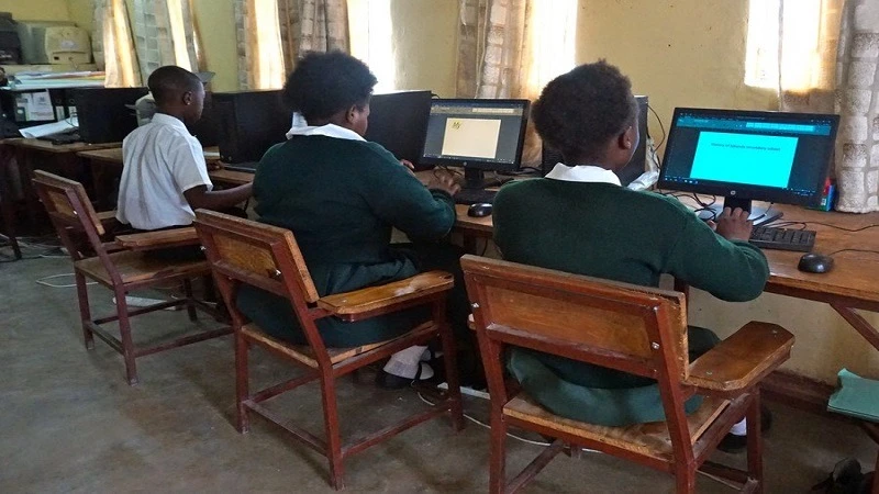 Students are seen at a computer lab in the Lukanda Secondary School in Kapiri Mposhi, central Zambia