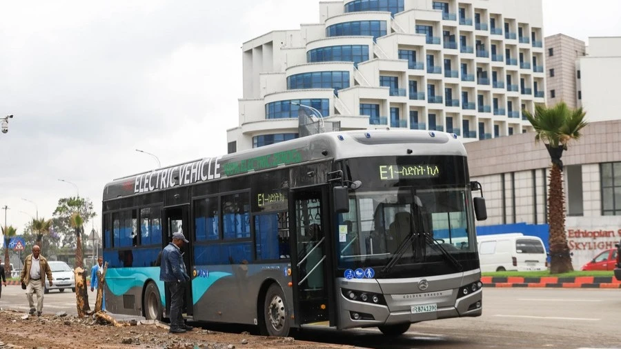 An electric bus is seen in Addis Ababa, Ethiopia, March 26, 2024. 