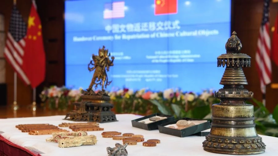 Returned Chinese cultural objects are seen at the Chinese Consulate General in New York, the United States, on April 17, 2024. 