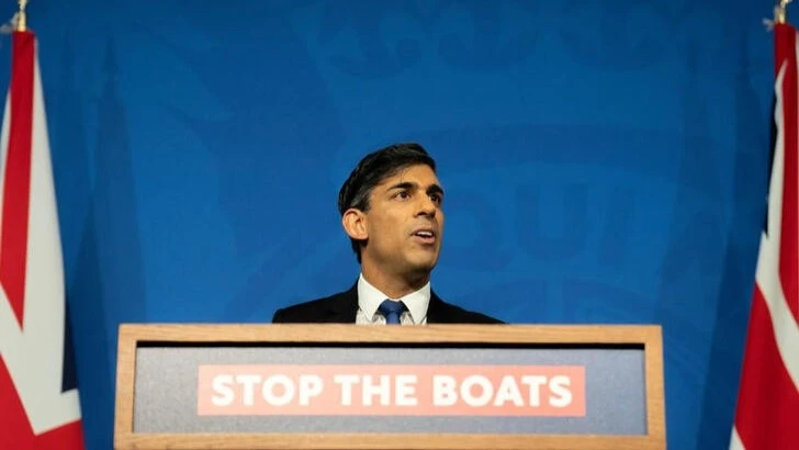 Prime Minister Rishi Sunak attends a press conference in the Downing Street Briefing Room, in London, Britain