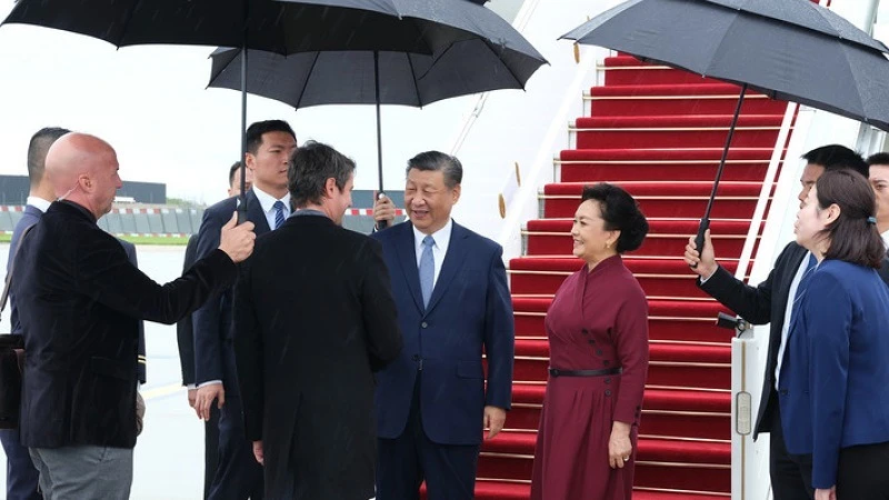 Chinese President Xi Jinping arrives in Paris for a state visit to France at the invitation of French President Emmanuel Macron, May 5, 2024. Xi was received by French Prime Minister Gabriel Attal at Paris Orly airport upon arrival. 