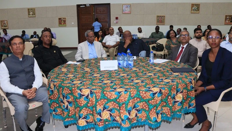 Prof James Mdoe (3rd-R, front row), Education, Science and Technology ministry deputy permanent secretary; Indian High Commission  charge d’Affaires Manoj B. Verma (2nd-R); EdCIL executive director  Dr B. Chandrasekar (3rd-L); Dr Kennedy Hosea (2nd-L).