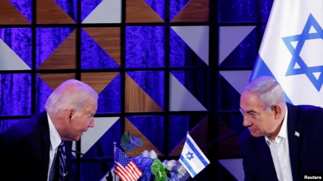 Rais wa Marekani Joe Biden akiwa katika mazungmzo na Waziri Mkuu wa Israel Benjamin Netanyahu.