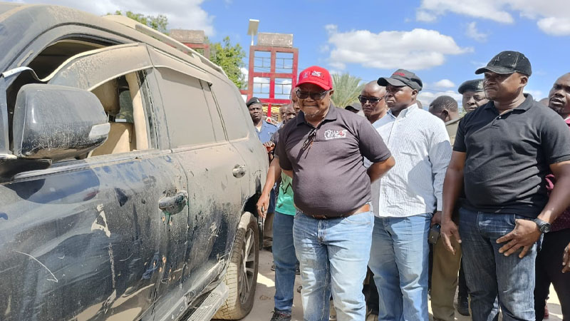 Opposition Chadema national Vice Chairman (Mainland) Tundu Lissu shows journalists and members of the party bullet holes in his car shortly after it was handed back to him at Dodoma city’s Central Police Station yesterday. 