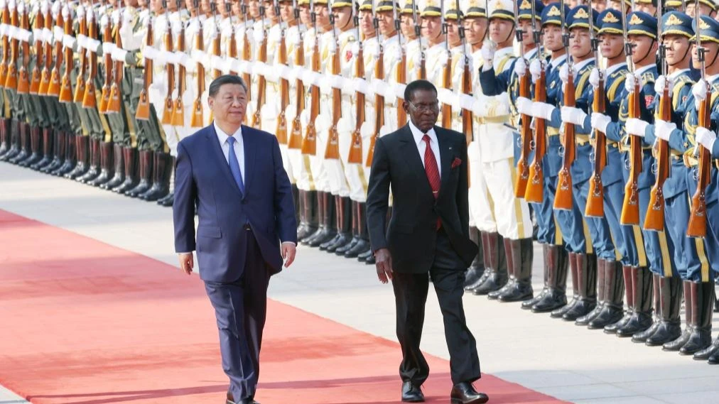 Chinese President Xi Jinping holds a welcome ceremony for Teodoro Obiang Nguema Mbasogo, president of the Republic of Equatorial Guinea, at the square outside the east gate of the Great Hall of the People before their talks in Beijing, capital of China...