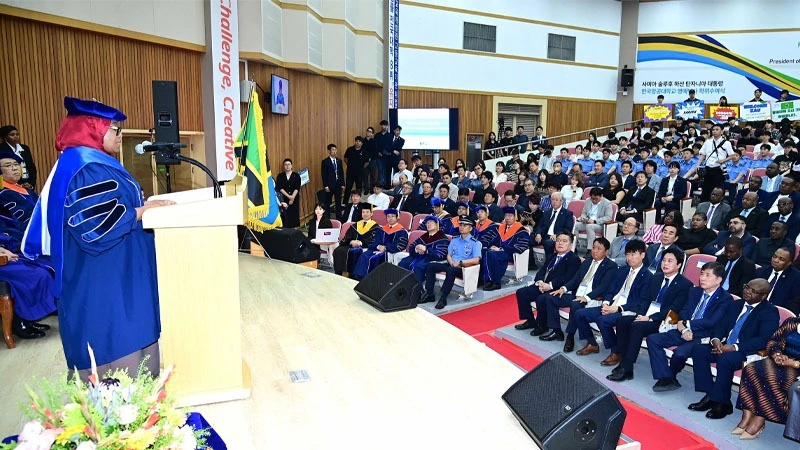 President Samia Suluhu Hassan delivers an address at the Korea Aerospace University shortly after being conferred the university’s Honorary Doctorate in the aviation sector in South Korea’s capital, Seoul, yesterday. 