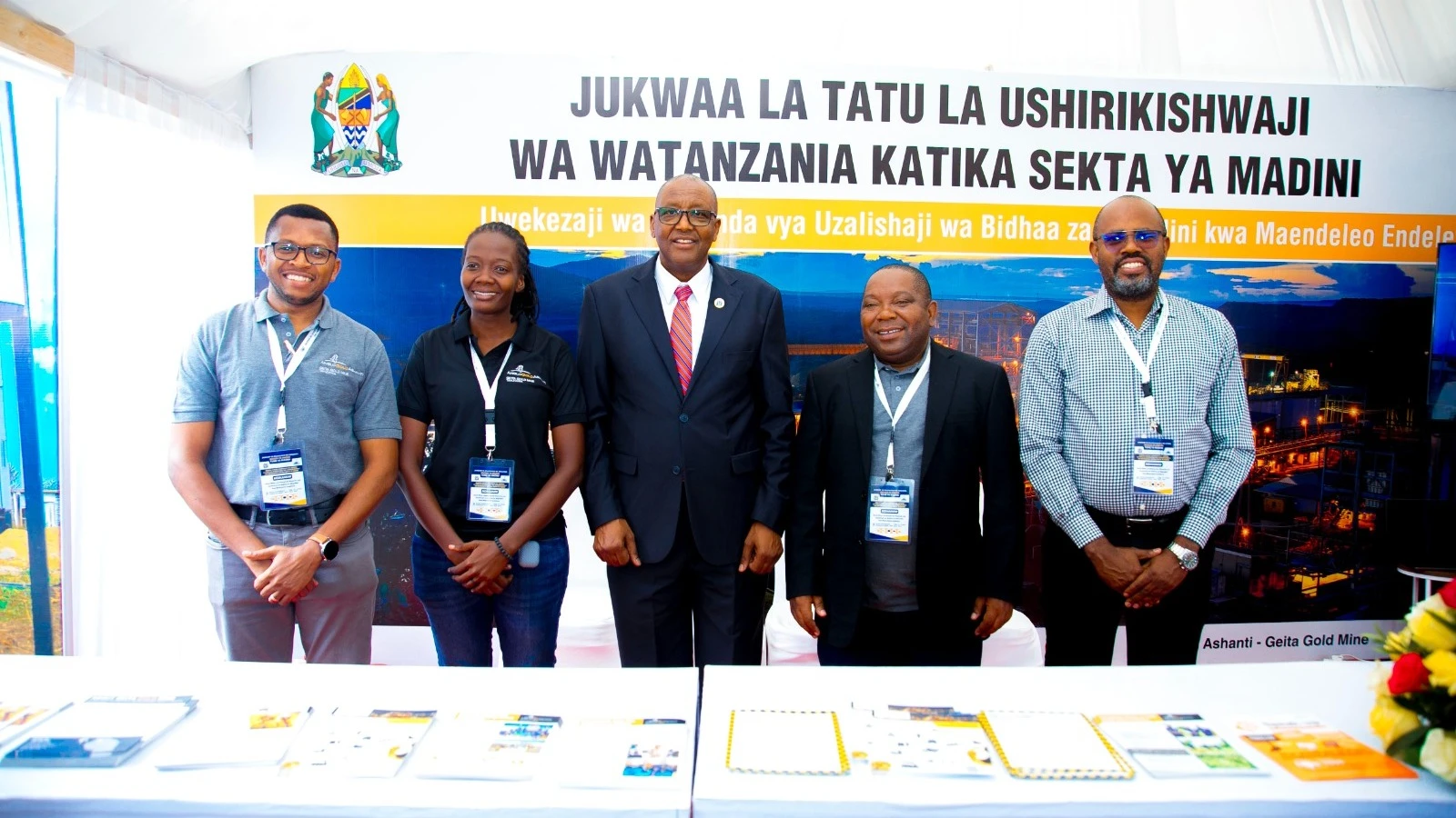 Deputy Minister of Minerals, Dr. Steven Kiruswa (pictured centre) visited GGML's exhibition stand at the 3rd Local Content Compliance Forum held at the Arusha International Conference Centre (AICC) in May 2024. 