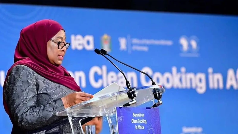 President  Samia Suluhu Hassan addressing various leaders, energy stakeholders and participants in the International Conference on Clean Energy for Africa that took place at the UNESCO Headquarters in Paris, France