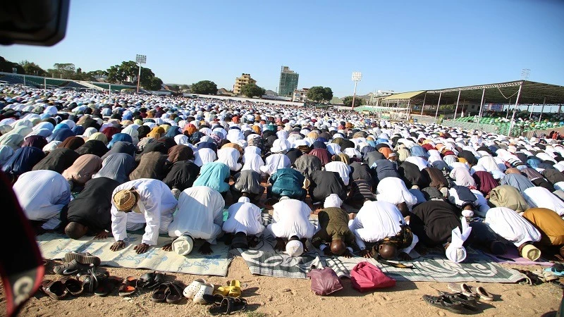 Eid el-Hajj prayers well under way at Dodoma city’s Jamhuri Stadium yesterday. 
