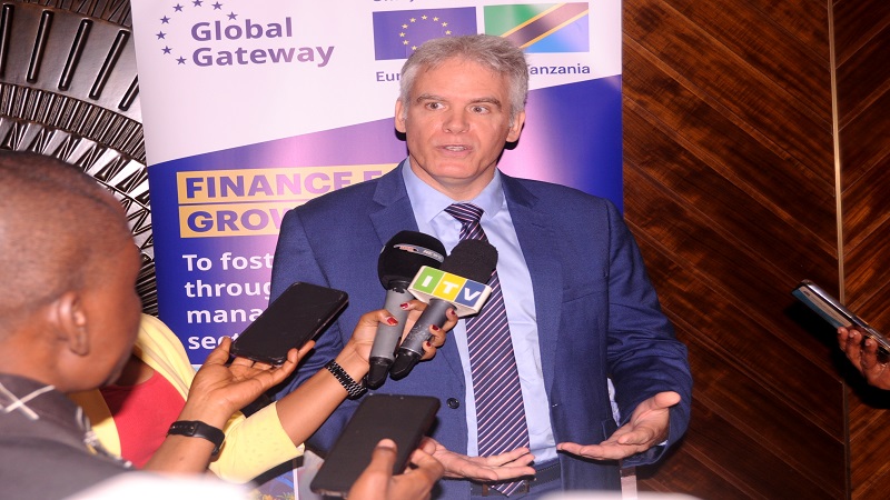 Cedric Merel, the European Union (EU) delegation’s counsellor for cooperation, briefs journalists in Dar es Salaam yesterday at an information session of the EU and financial institutions, public agencies along with women and youth SMEs