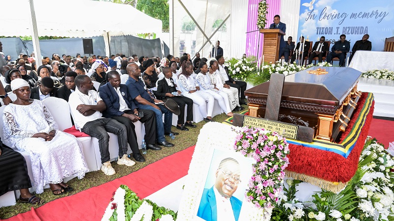 Prime Minister Kassim Majaliwa makes remarks yesterday shortly before leading mourners in paying their respects to Kilimanjaro regional administrative secretary Tixon Tuyangine Nzunda, who died in a road crash earlier this week. 