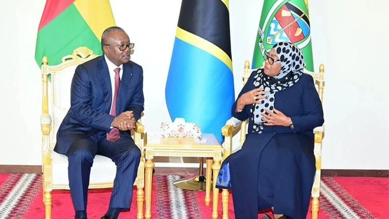 President Samia Suluhu Hassan (R) in a conversation with President Umaro Mokhtar Sissoco Embaló of Guinea-Bissau (L) shortly after his arrival at the State House in Dar es Salaam