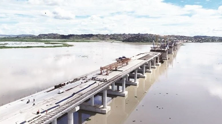 
 An aerial drone photo taken on April 11, 2024 shows the construction site of the Magufuli Bridge in Mwanza, Tanzania. (China Civil Engineering Construction Corporation