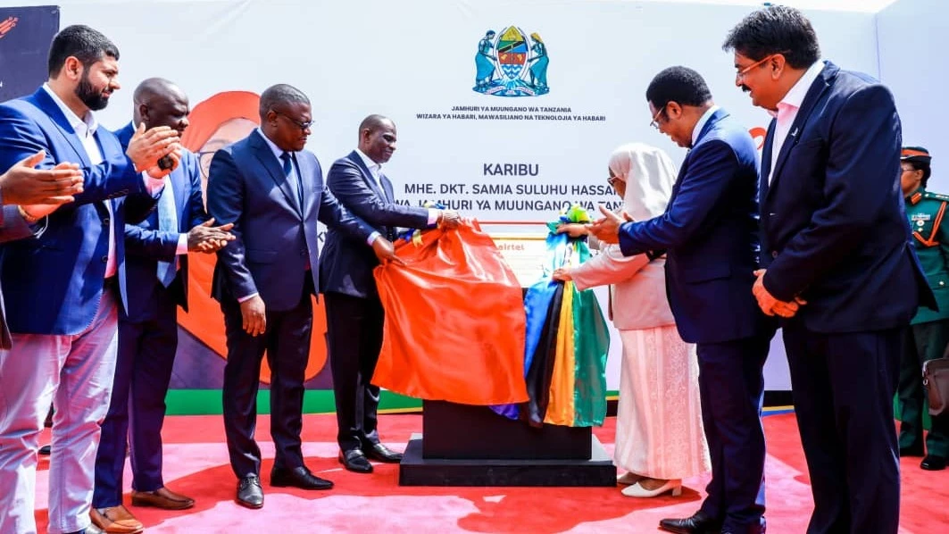 President Samia Suluhu Hassan, first right, and CEO of Airtel Africa, Olusegun Ogunsanya, left, along with other leaders launching the 2Africa campaign. 