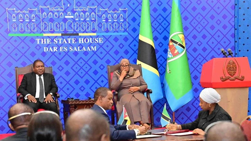 President Samia Suluhu Hassan and her visiting Mozambican counterpart, Filipe Jacinto Nyusi, look on at State House in Dar es Salaam yesterday as Health minister Ummy Mwalimu &Mozambique’s Foreign Affairs & Cooperation deputy minister, Manuel Jose signs.