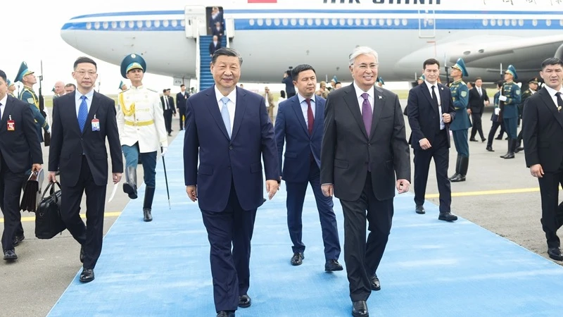 Chinese President Xi Jinping arrives in Astana, Kazakhstan, July 2, 2024, for the 24th Meeting of the Council of Heads of State of the Shanghai Cooperation Organization, and a state visit to Kazakhstan at the invitation of Kazakh President Kassym-Jomart