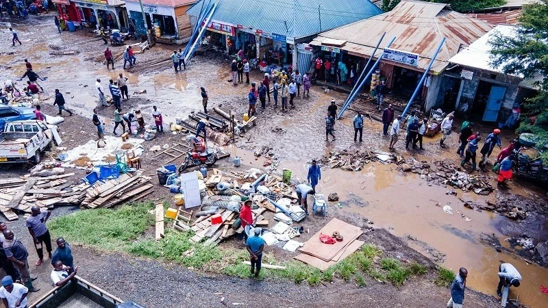 An aerial view of a site at Kisongo captured only hours after the small town in Arumeru District was pounded by a downpour last night, with raging floodwaters wreaking havoc on buildings and various other structures as well as motor vehicles & motorcycles