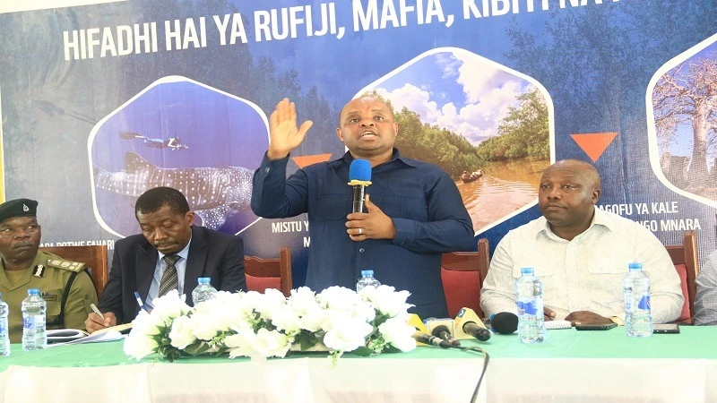 Khamis Hamza Khamis, Deputy Minister Office of State in the Vice President’s Office (Union and the Environment), pictured in Rufiji District at the weekend speaking at the launch of Rufiji, Mafia, Kibiti and Kilwa biosphere reserves.