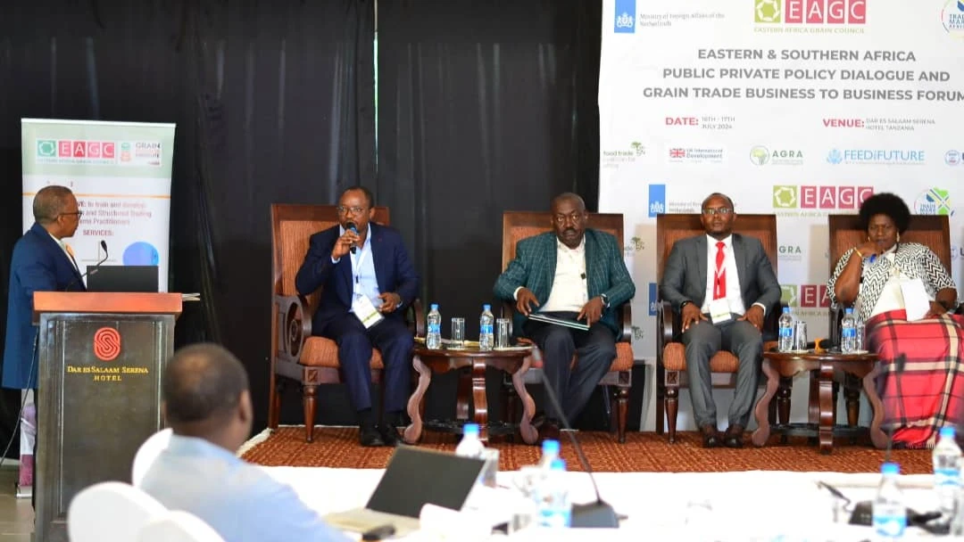 Dr. Abel Mtembeji, Ministry of Agriculture, department of food security and market officer (1st L) explain on what Eastern and Southern Africa countries can do in promoting grain production, others are Pritchard Mukuwa, Uganda- Ministry of Agriculture..