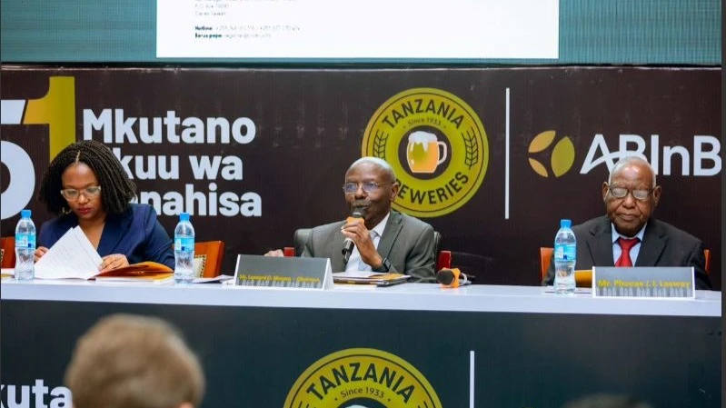 
TBL Board Chairman Leonard Mususa addresses shareholders during the 51st Annual General Meeting (AGM) held at the Julius Nyerere International Convention Centre in Dar es Salaam yesterday.