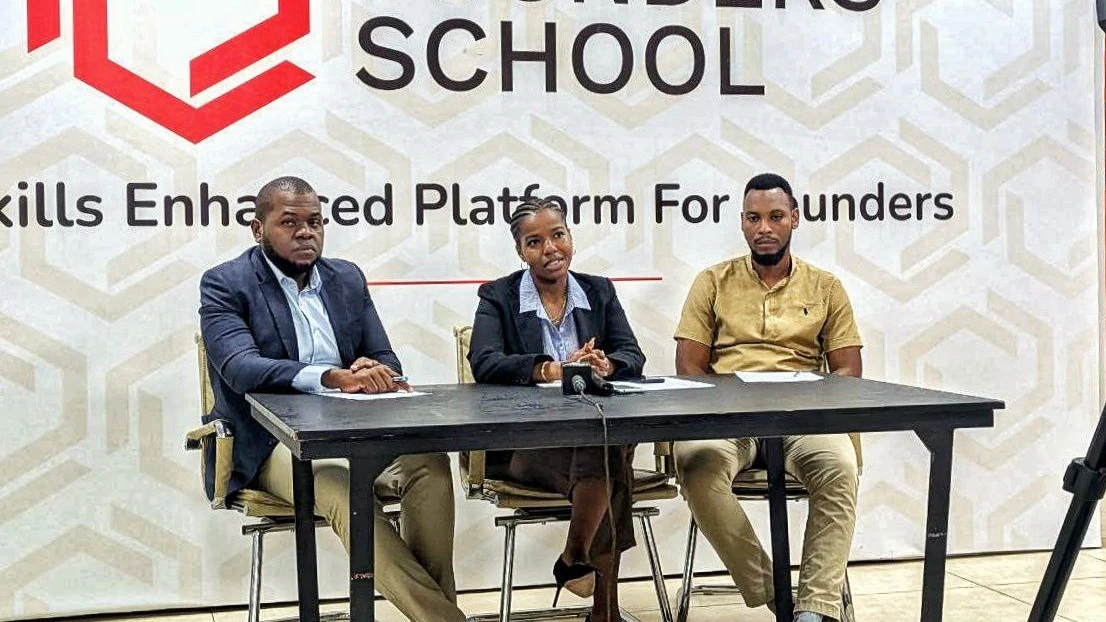 Sahara Accelerator Head of Programmes, Necta Richard, addresses the media during the launch of Founders’ School. On her left is the Programme Lead, Ismail Adam, and on right is Sahara Ventures CEO, Jumanne Mtambalike. 