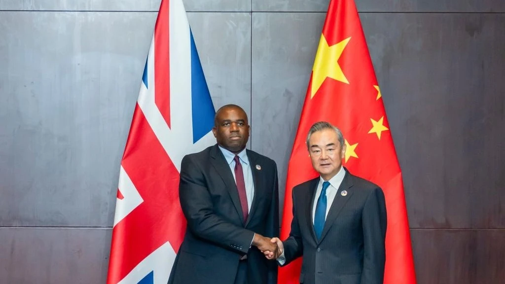 Chinese Foreign Minister Wang Yi, also a member of the Political Bureau of the Communist Party of China Central Committee, meets with British Foreign Secretary David Lammy, in Vientiane, Laos, July 26, 2024.