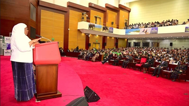 
President Samia Suluhu Hassan addresses the third annual Mkapa Legacy Summit in Dar es Salaam yesterday. 
