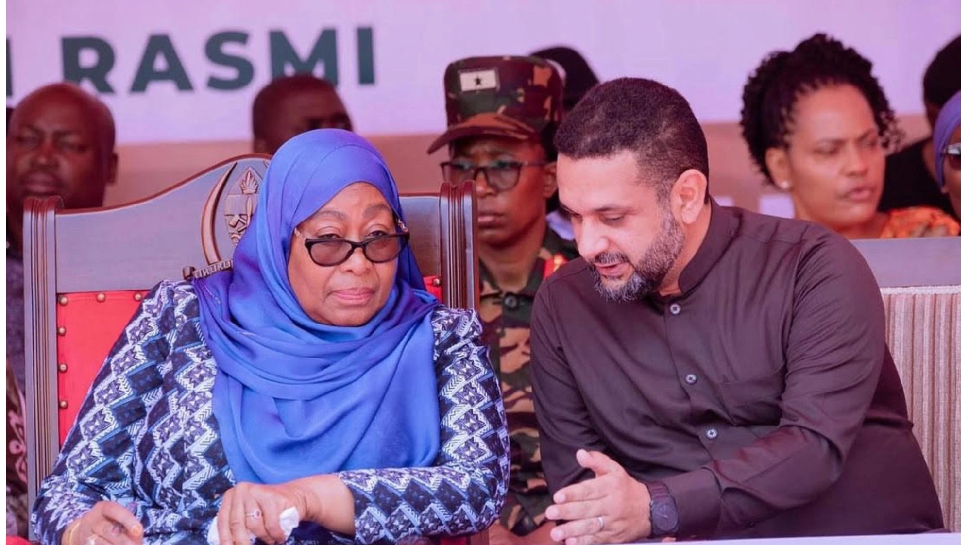 President Samia Suluhu Hassan being briefed by the owner of Serengeti Cigarette Company (SCC) Ahmed Huwel (R) at the event for laying a foundation stone for the construction of  SCC factory in Morogoro Region on Tuesday.