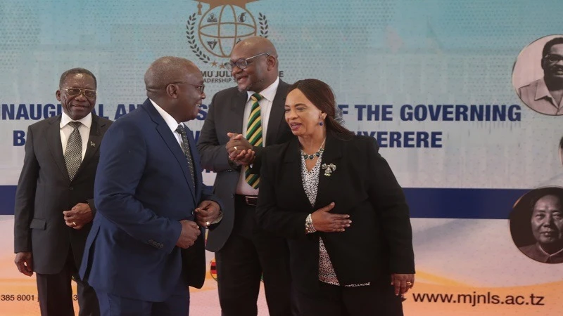 
L-R: Former prime minister Mizengo Pinda, CCM Deputy Secretary General John Mongella, an unidentified official and Mwalimu Julius Nyerere Leadership School principal Prof Marcelina Chijoriga consult on the sidelines of the inaugural first meeting, Kibaha