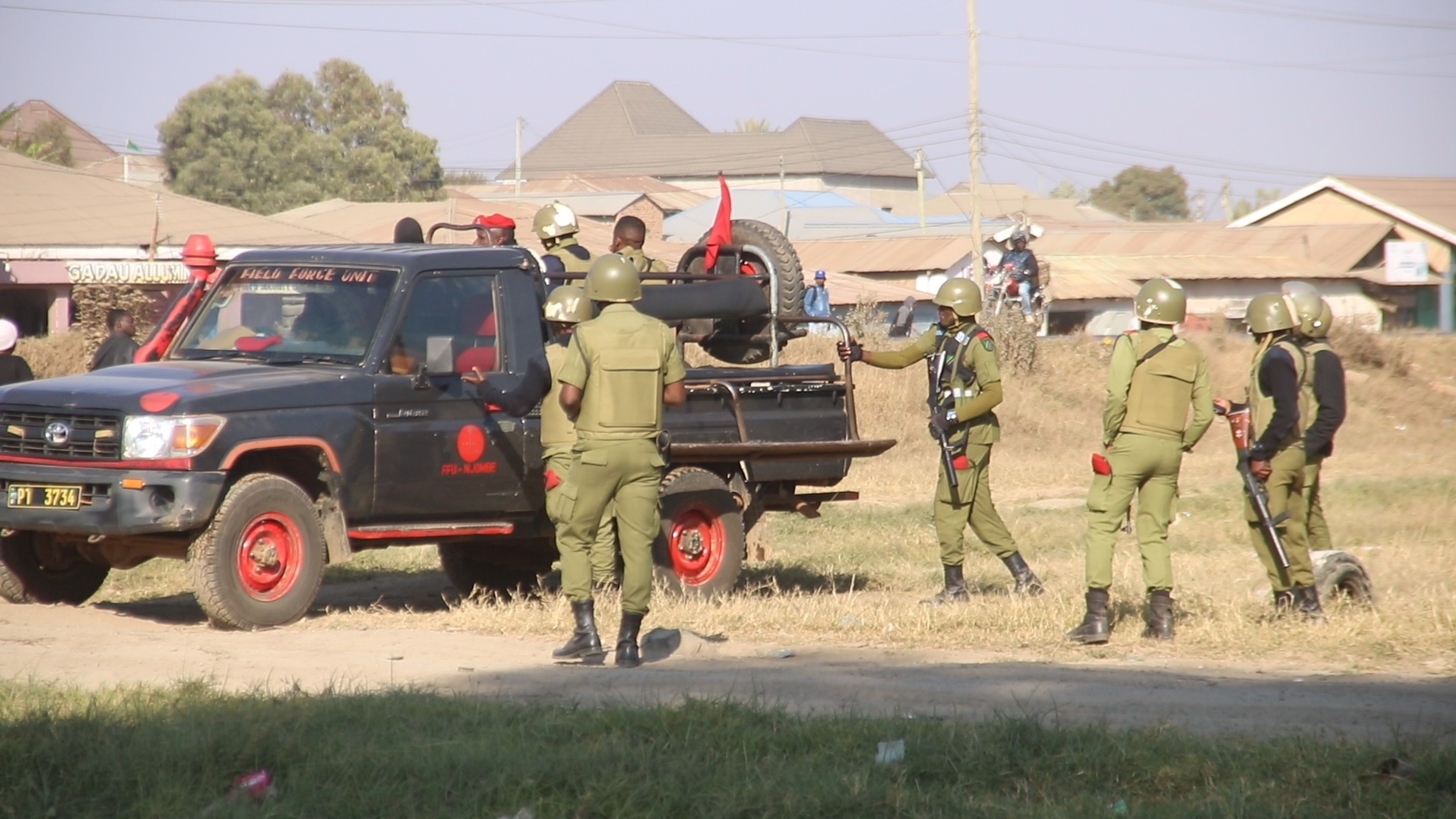 Riot police officers on standby yesterday at Mbeya city’s Ruanda Nzovwe grounds, where opposition Chadema were due to have organised a symposium in celebrating International Youth Day. 