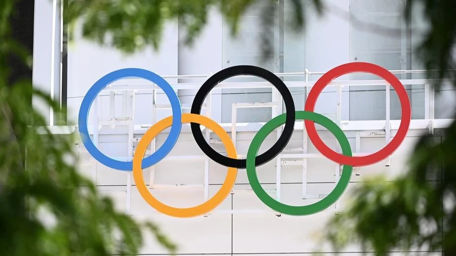 Photo taken on June 12, 2024 shows the Olympic rings outside the Paris La Defense Arena for Olympic and Paralympic Games in Nanterre, France.