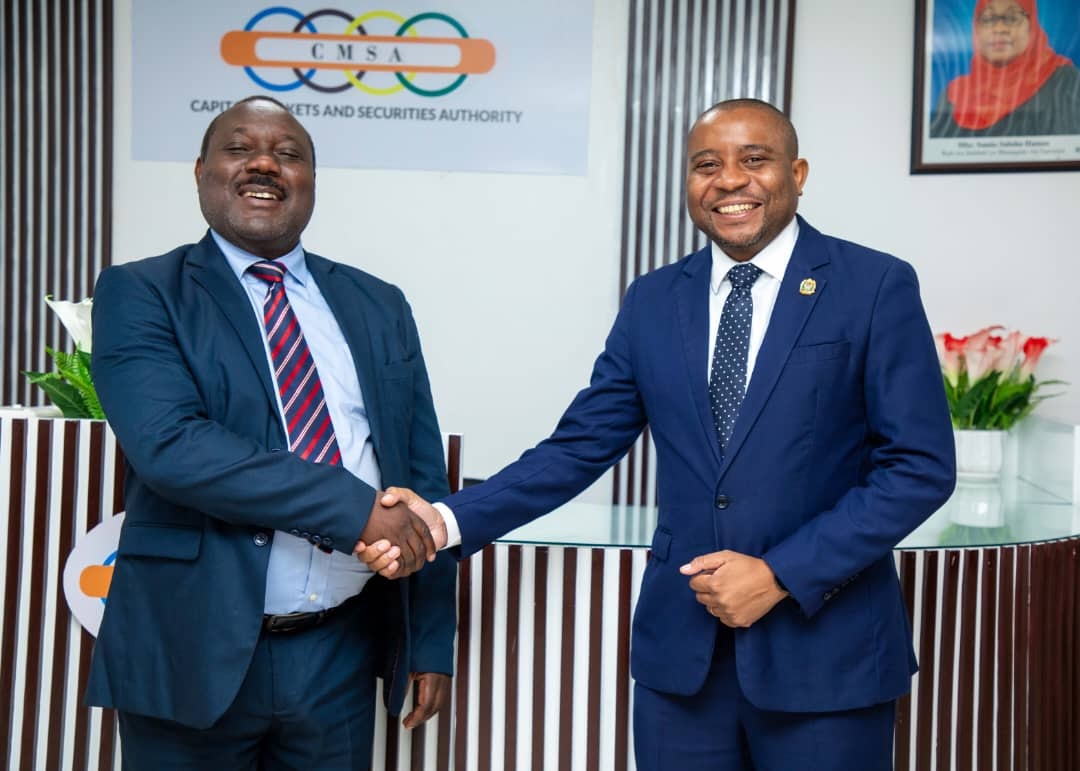 Peter Nalitolela (R), the Dar es Salaam Stock Exchange chief executive officer pays a courtesy visit to Nicodemus Mkama, CEO for the Capital Markets and Securities Authority (CMSA) where they discussed institutional collaboration in driving market growth 