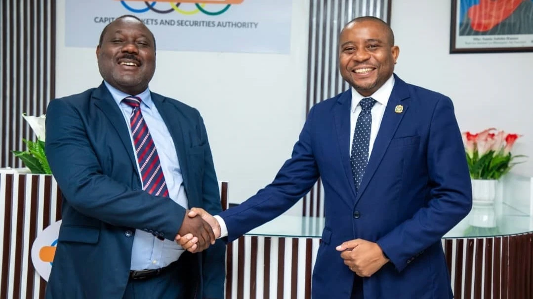 Peter Nalitolela (R), the Dar es Salaam Stock Exchange chief executive officer pays a courtesy visit to Nicodemus Mkama, CEO for the Capital Markets and Securities Authority (CMSA) where they discussed institutional collaboration in driving market growth 