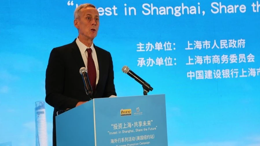 Craig Allen, president of the U.S.-China Business Council, delivers a speech at a promotion event in New York, the United States, on May 23, 2024.