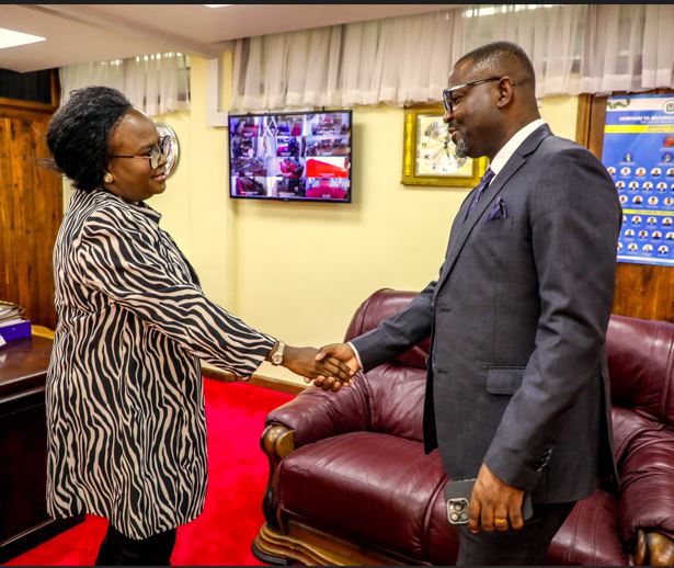 Clerk of the National Assembly Nenelwa Mwihambi (L) welcomes newly appointed Attorney General Hamza Johari, who paid him a courtesy visit to introduce himself shortly after taking an oath at State House in Dar es Salaam 