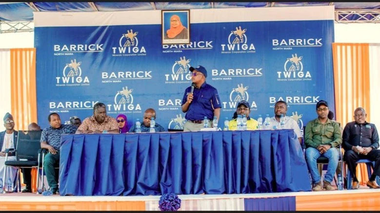 
Minerals Minister Antony Mavunde speaks to villagers in Tarime District at the function where the Barrick North Mara Mine offered royalty payments to five villages in Tarime District yesterday in the district.