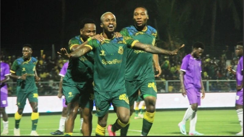 Young Africans attacking midfielder Pacome Zouzoua and his teammates celebrate their first goal against Vital’O during the second leg of their CAF Champions League first preliminary round match at Chamazi Complex in Dar es Salaam over the weekend. 