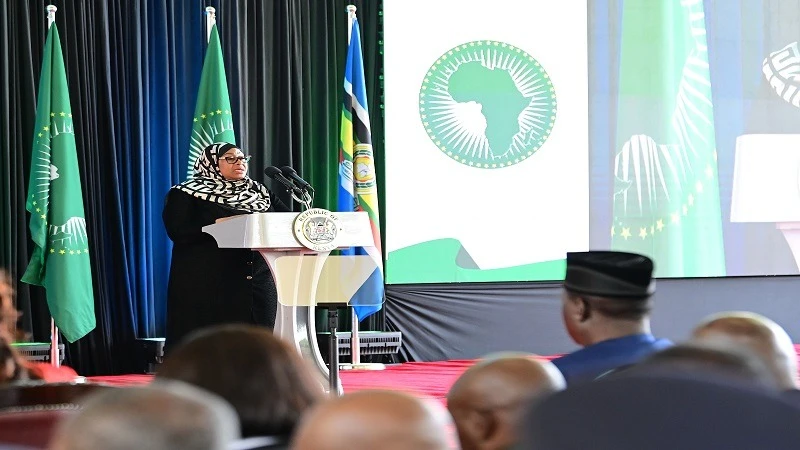 President Samia Suluhu Hassan, speaks during the
launch event for the campaign of Raila Amolo Odinga,
former Prime Minister of the Republic of Kenya who is
running for the position of Chairperson of the African
Union (AU) Commission,