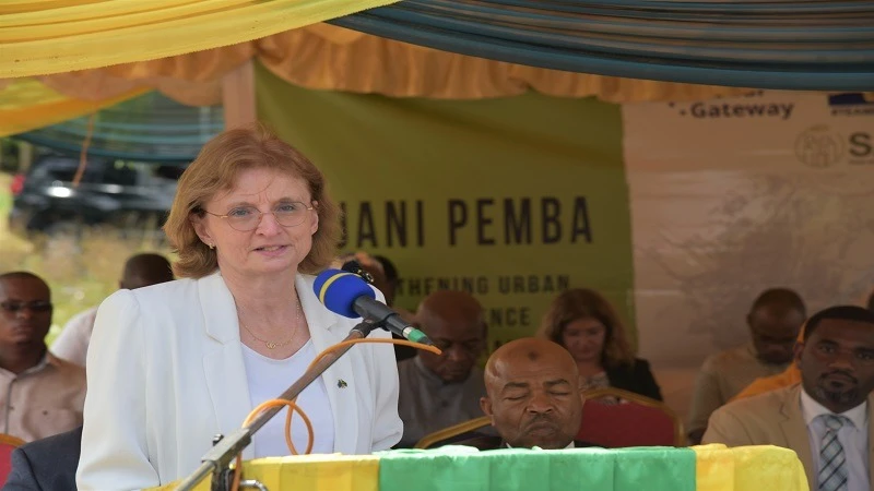 EU Ambassador to Tanzania, Christine Grau, speaks during the launching of smart cities programme in Pemba. 