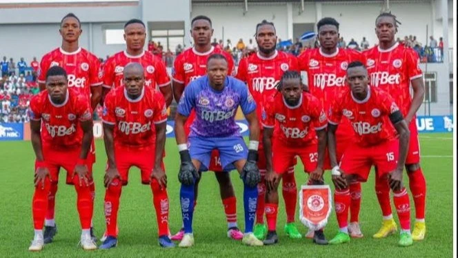 Simba Sports Club squad before their Premier League match against Fountain Gate FC at KMC Complex in Dar es Salaam on Sunday. Simba won 4-0. 