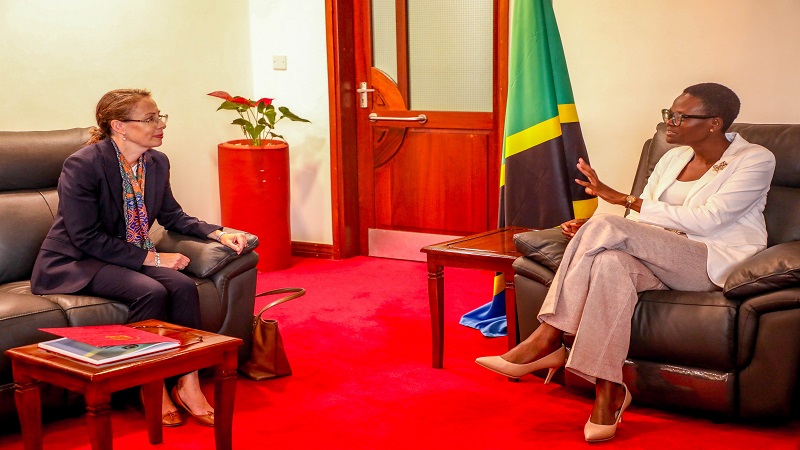 National Assembly Speaker Dr. Tulia Ackson exchanging views with speaks with   British High Commissioner Marianne Young at her introductory courtesy call in Dodoma yesterday. 