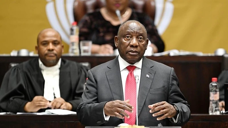 South African President Cyril Ramaphosa speaks during an oral reply session at the National Assembly of Parliament in Cape Town, South Africa, on Aug. 29, 2024. 