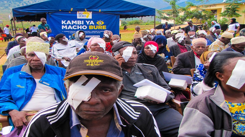 This is a scene from a just-ended three-day free eye screening and treatment camp held in Korogwe District with Mo Dewji Foundation sponsorship. A total of 4,228 people were examined, 376 surgeries performed and 1,999 people issued with reading glasses.