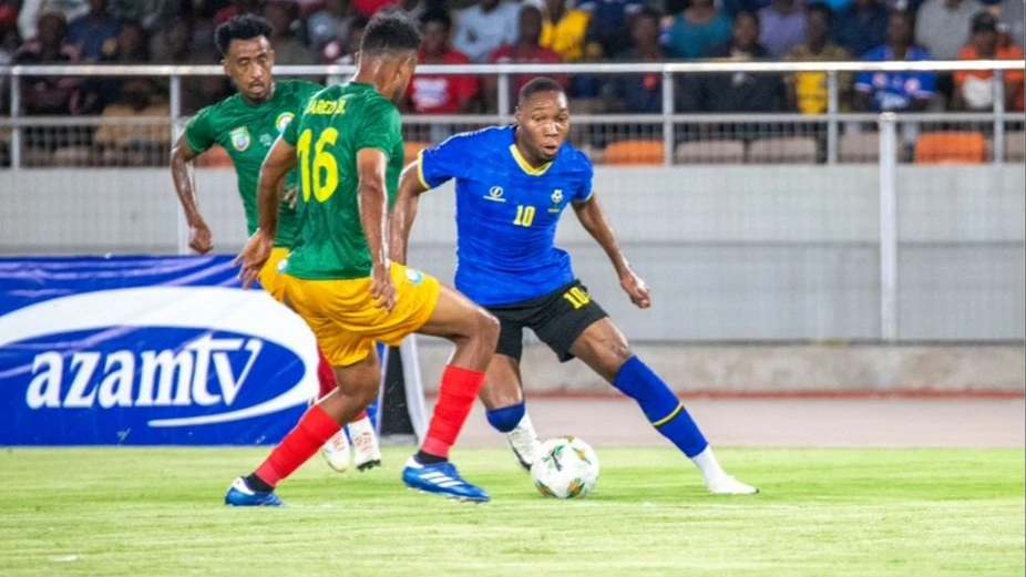 Taifa Stars striker Clement Mzize negotiates his way past two Ethiopia defenders during their 2025 Africa Cup of Nations (AFCON) qualifiers group H match at the Benjamin Stadium in Dar es Salaam on Wednesday. The match ended in a 1-1 draw.