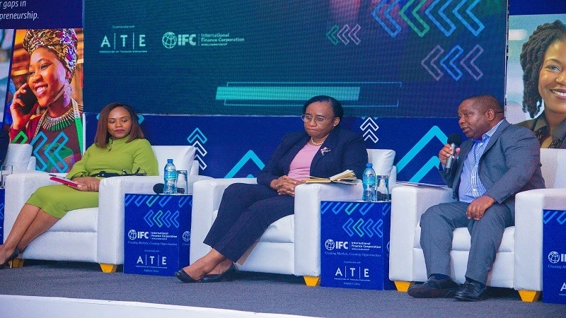 GGML’s Senior Legal Counsel, David Nzaligo (R), Manager of the Financial Inclusion Services Unit at the Bank of Tanzania, Nangi Massawe (C) and Anne Kabugi, the IFC Gender Manager for Africa (L) in a panel discussion on gender equality issues 