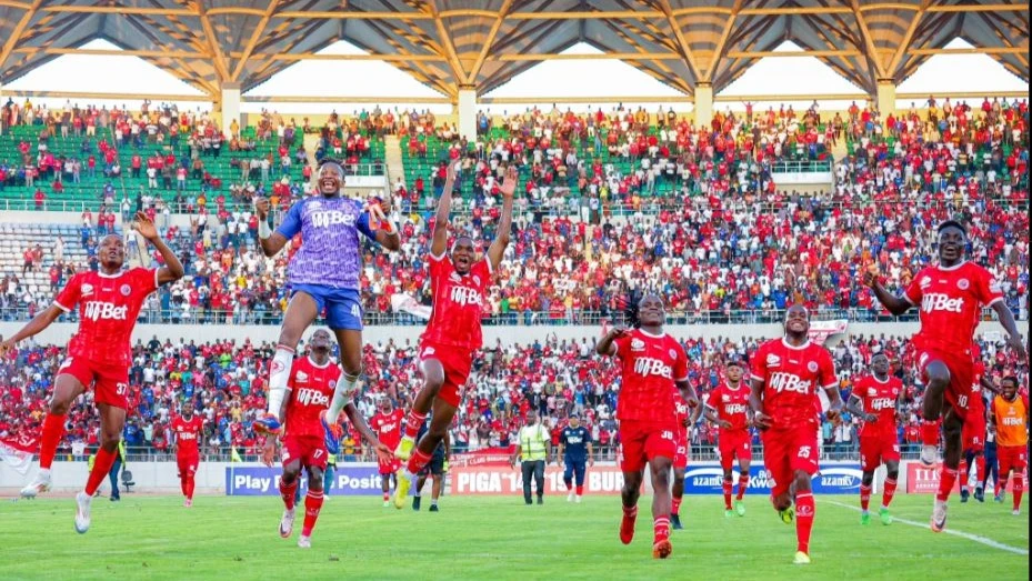 Simba SC players celebrate following their 3-1 victory over Libya’s Al Ahli Tripoli during their CAF Confederation Cup second leg of the preliminary round match held at the Benjamin Mkapa Stadium in Dar es Salaam on Sunday afternoon.