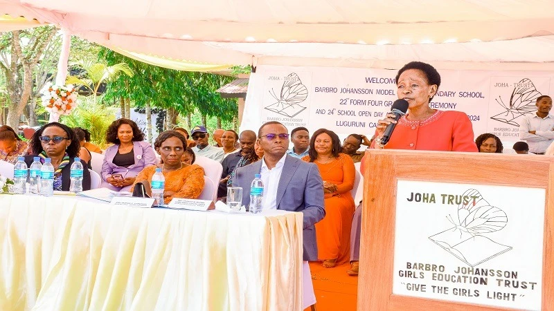 Chairperson of the Joha Trust and Founder of Barbro Johansson Girls' Schools, Prof. Anna Tibaijuka, speaks at the 22nd Form Four graduation ceremony