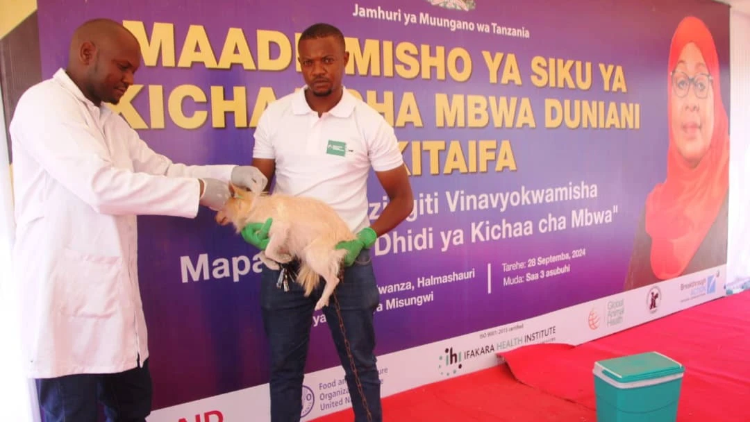 Dr Ronald Benju from the Tanzania Veterinary Laboratory, with the assistance of Colman Edward, a counseling officer from Mwanza Municipal holding the dog, demonstrates how to administer a rabies vaccine during the commemoration of World Rabies Day held in