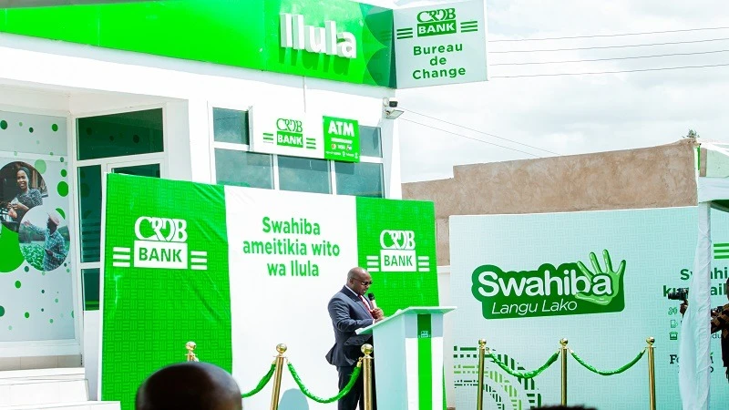 Iringa Regional Commissioner Peter Serukamba speaks during the launch of CRDB Bank branch in Kilolo