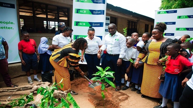 Ruth Mussa, the Mbagala Annex primary school assistant head teacher, plants a tree donated by KCB Bank (T) to mark Customer Service Week. Officials said the bank has undertaken a substantial environmental initiative by planting 1,500 trees .